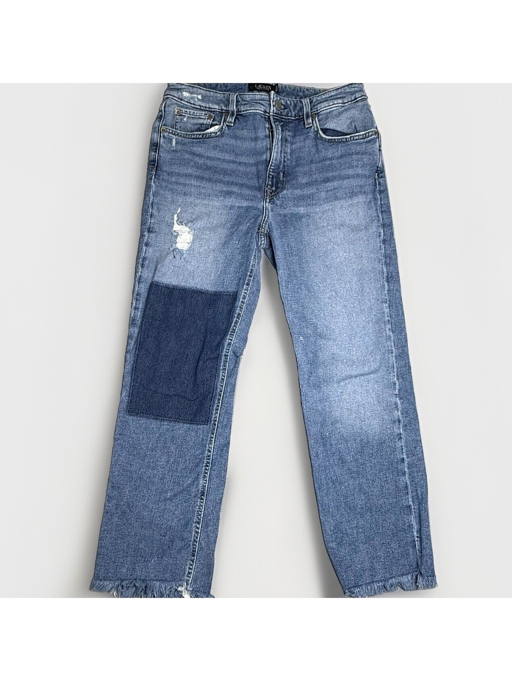 Lauren Ralph Lauren Jeans Womens Sz 6 Blue Patchwork Distressed Raw Hem Straight